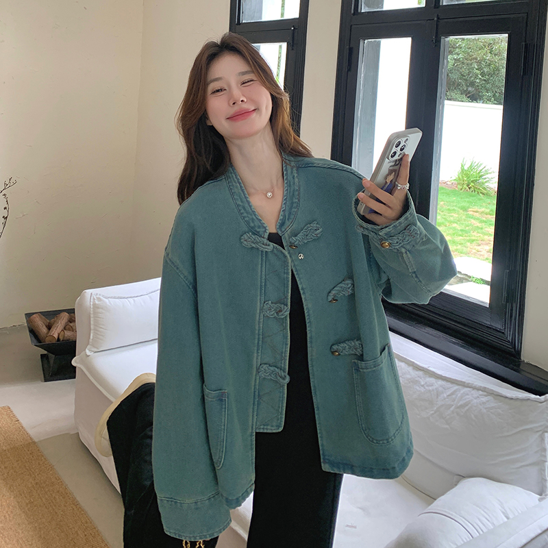 蓝色新中式国风盘扣牛仔外套女2024年秋季新款高级感宽松显瘦上衣，商品下架区商品下架区，拾菱