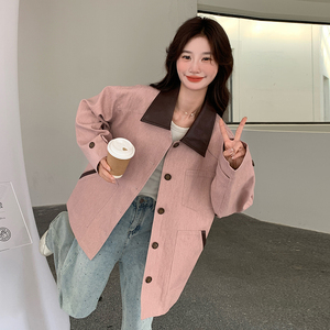 撞色翻领宽松休闲粉色外套女春秋2025新款流行爆款百搭巨好看上衣图片
