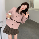撞色翻领减龄粉色短外套女春秋2025新款小个子多巴胺甜美流行爆款，女装短外套，拾菱