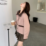 撞色翻领减龄粉色短外套女春秋2025新款小个子多巴胺甜美流行爆款，女装短外套，拾菱