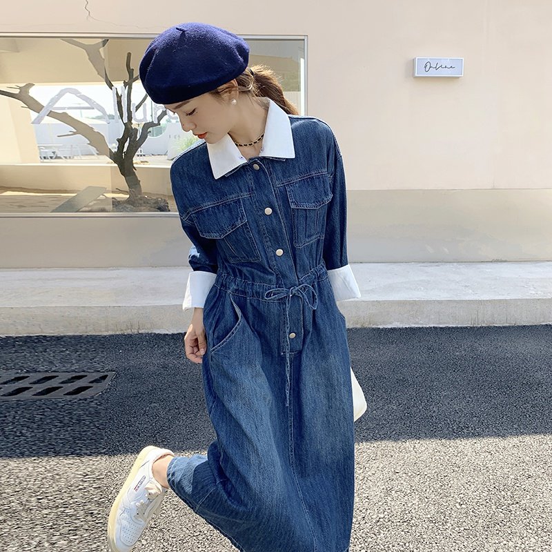 春装法式复古牛仔连衣裙女装2025春秋新款高级感冷淡风收腰长裙子图片