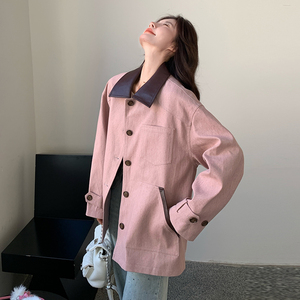 撞色翻领宽松休闲粉色外套女春秋2025新款流行爆款百搭巨好看上衣图片