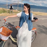 法式复古浪漫温柔风休闲马甲连衣裙套女夏季大码宽松孕妇胖mm显瘦，女装连衣裙，拾菱