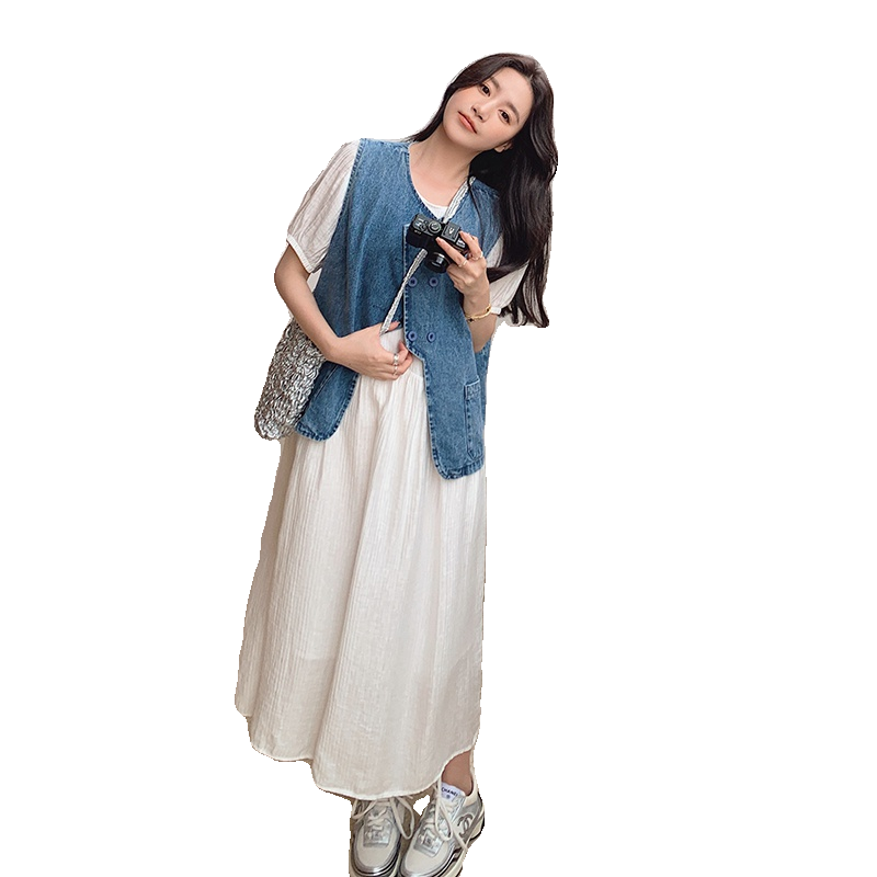 法式复古浪漫温柔风休闲马甲连衣裙套女夏季大码宽松孕妇胖mm显瘦,女装连衣裙,拾菱