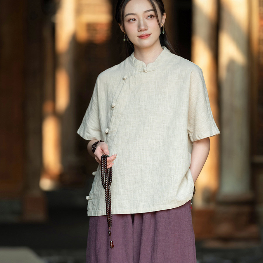 禅意佛系女装布衣禅修服苎麻短袖衬衫斜襟盘扣茶服新中式上衣