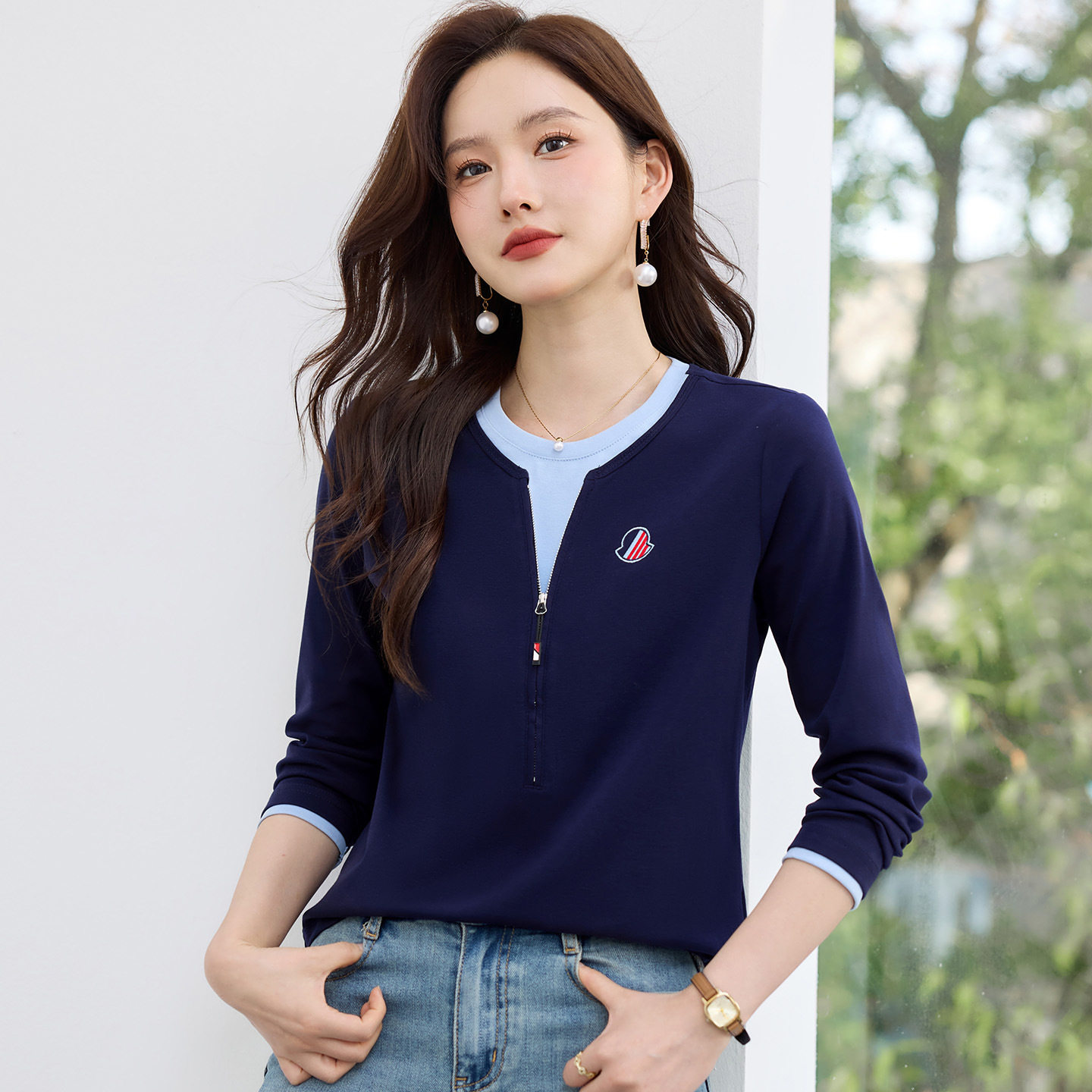 2026新款假两件长袖显瘦T恤女图片
