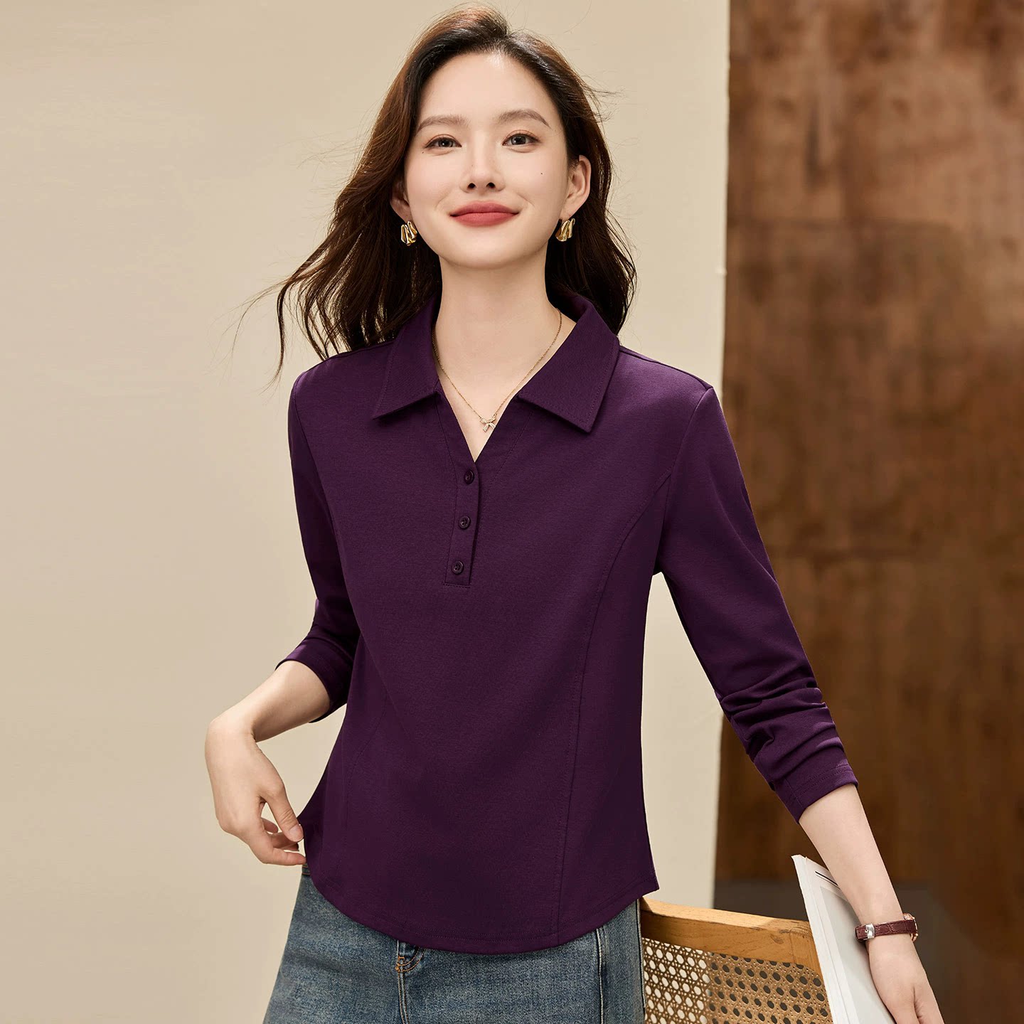 正肩长袖t恤女士打底衫2026春季新款百搭显瘦polo领上衣宽松体恤