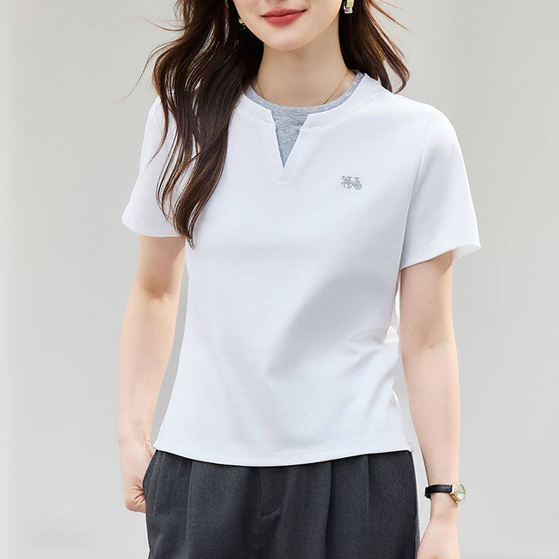 假两件圆领短袖T恤女装2026新款夏装设计感薄款刺绣体恤显瘦上衣