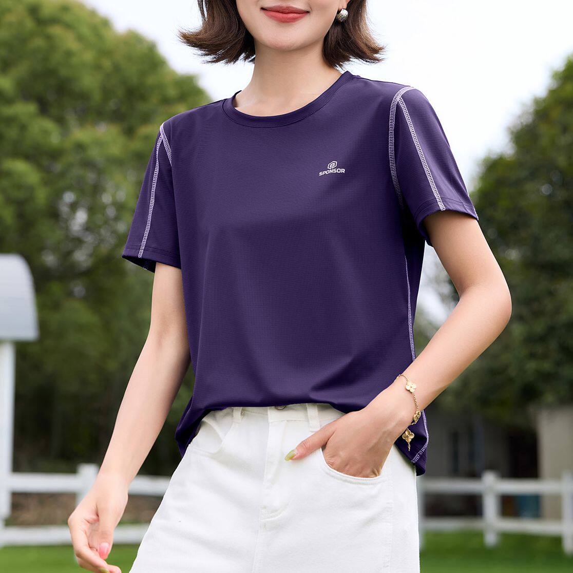 冰丝速干短袖T恤女2026新款夏季中年妈妈装透气运动休闲宽松上衣