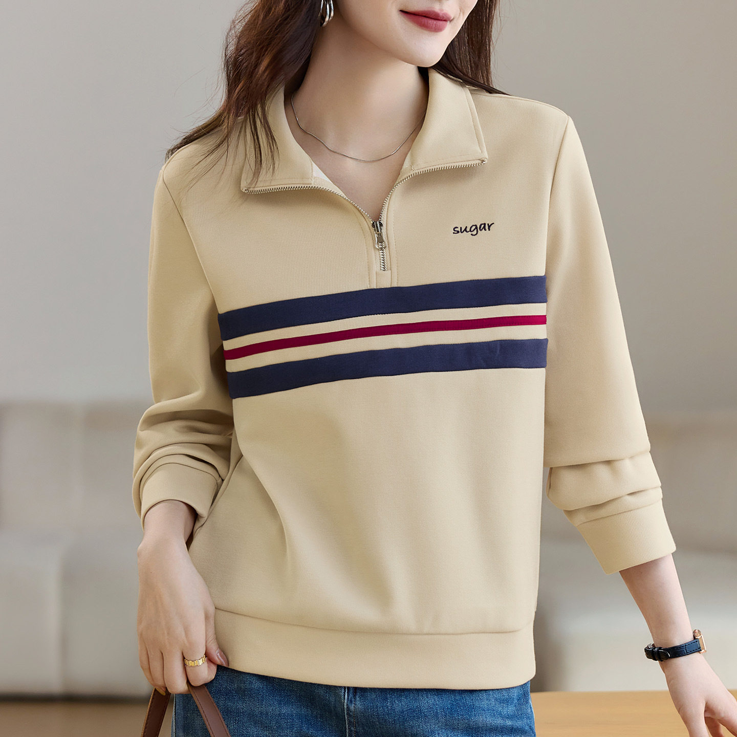 无帽卫衣女春秋2026新款春季爆款洋气上衣蓝色宽松显瘦半拉链外套