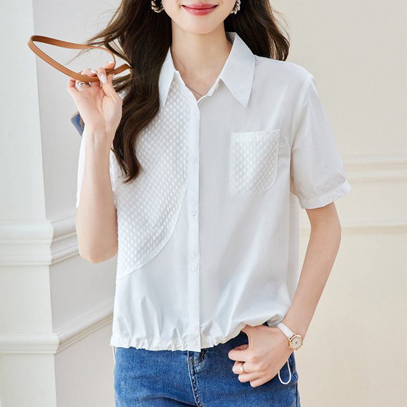 纯棉白衬衫女短袖2026新款夏季设计感拼接宽松上衣小个子休闲衬衣