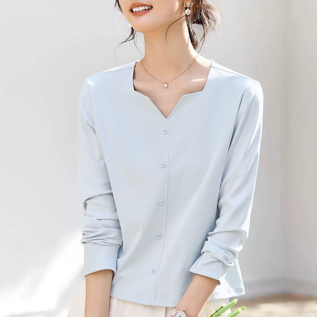 正肩v领长袖t恤女2026春季新款内搭可外穿打底衫洋气修身百搭上衣