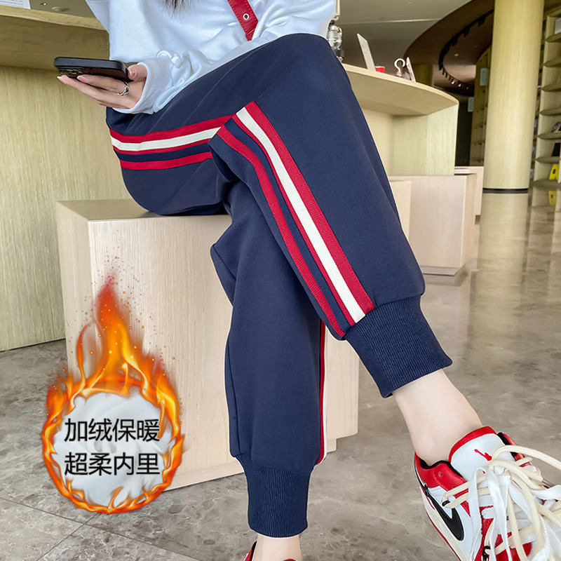 JHM松紧腰侧边条纹纯棉加绒休闲裤女2025秋冬新款运动束脚卫裤子