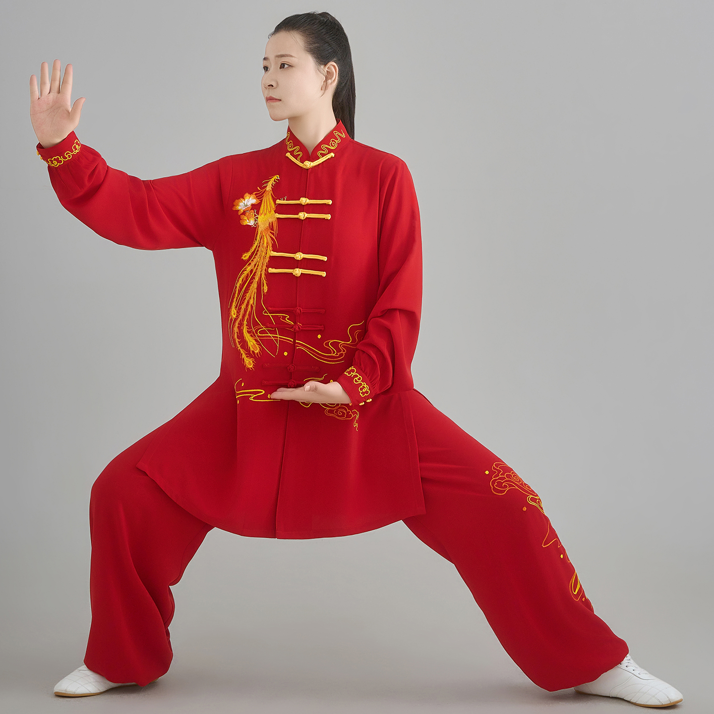 恋太极新款太极服女刺绣凤凰练功表演服修身中长款武术比赛晨练服
