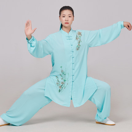 新款夏季彩绘太极服薄款女款印花表演练功服包邮清凉晨练服清新绿