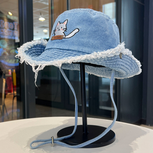 可爱小猫刺绣牛仔渔夫帽女大头围显脸小登山帽大帽檐遮阳防晒帽子