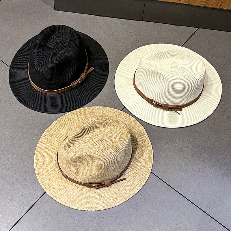法式巴拿马草帽女款夏季出游海边百搭遮阳帽子时尚皮带礼帽爵士帽