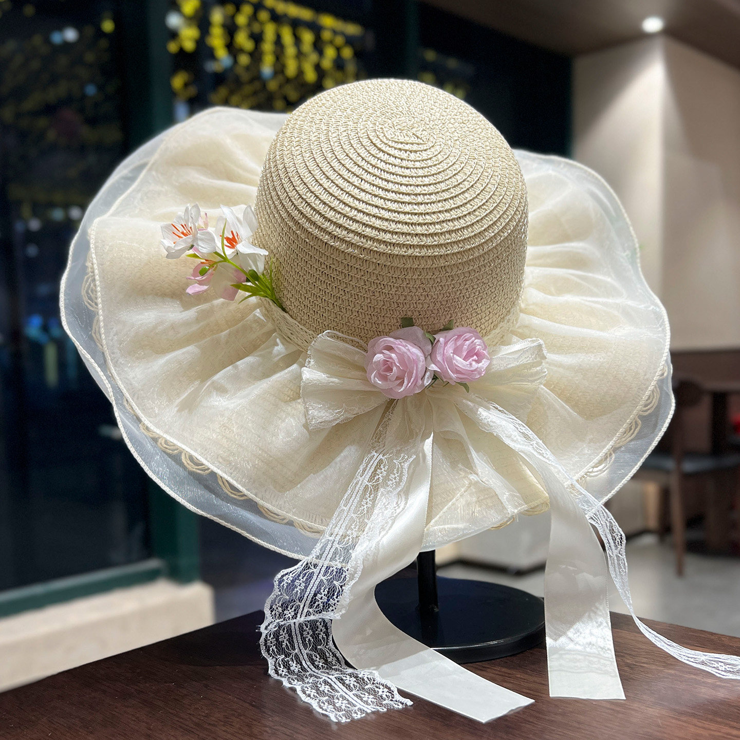 手工编织蝴蝶结蕾丝花朵草帽漫展野餐拍摄户外防晒遮阳帽大檐帽子