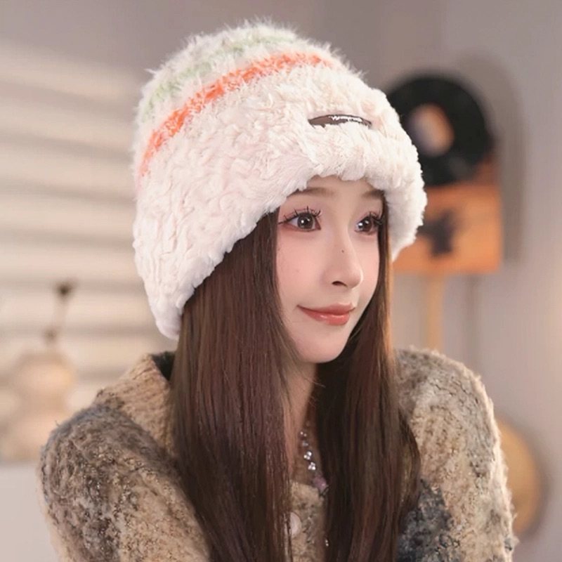 韩版条纹毛绒帽女秋冬季加厚加绒保暖防风针织帽百搭防寒护耳帽子