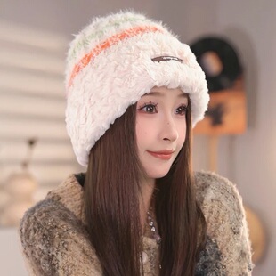 韩版条纹毛绒帽女秋冬季加厚加绒保暖防风针织帽百搭防寒护耳帽子