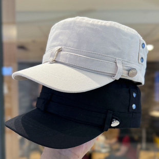 韩系春秋黑色米色平顶帽女复古做旧纽扣鸭舌帽子户外骑士帽马术帽