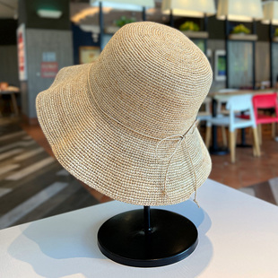 天然拉菲草帽子女夏季2025新款法式圆顶大帽檐遮阳防晒海边沙滩帽