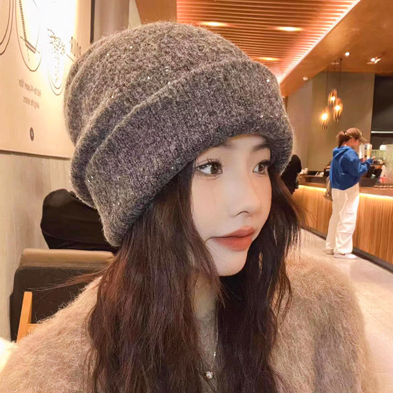 秋冬羊毛混纺针织帽子女时尚亮片堆堆帽大头围双层加厚保暖包头帽