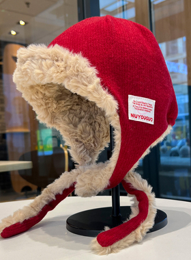 红色护耳帽子女秋冬季保暖显脸小绑带毛绒飞行帽加厚防寒护耳冷帽