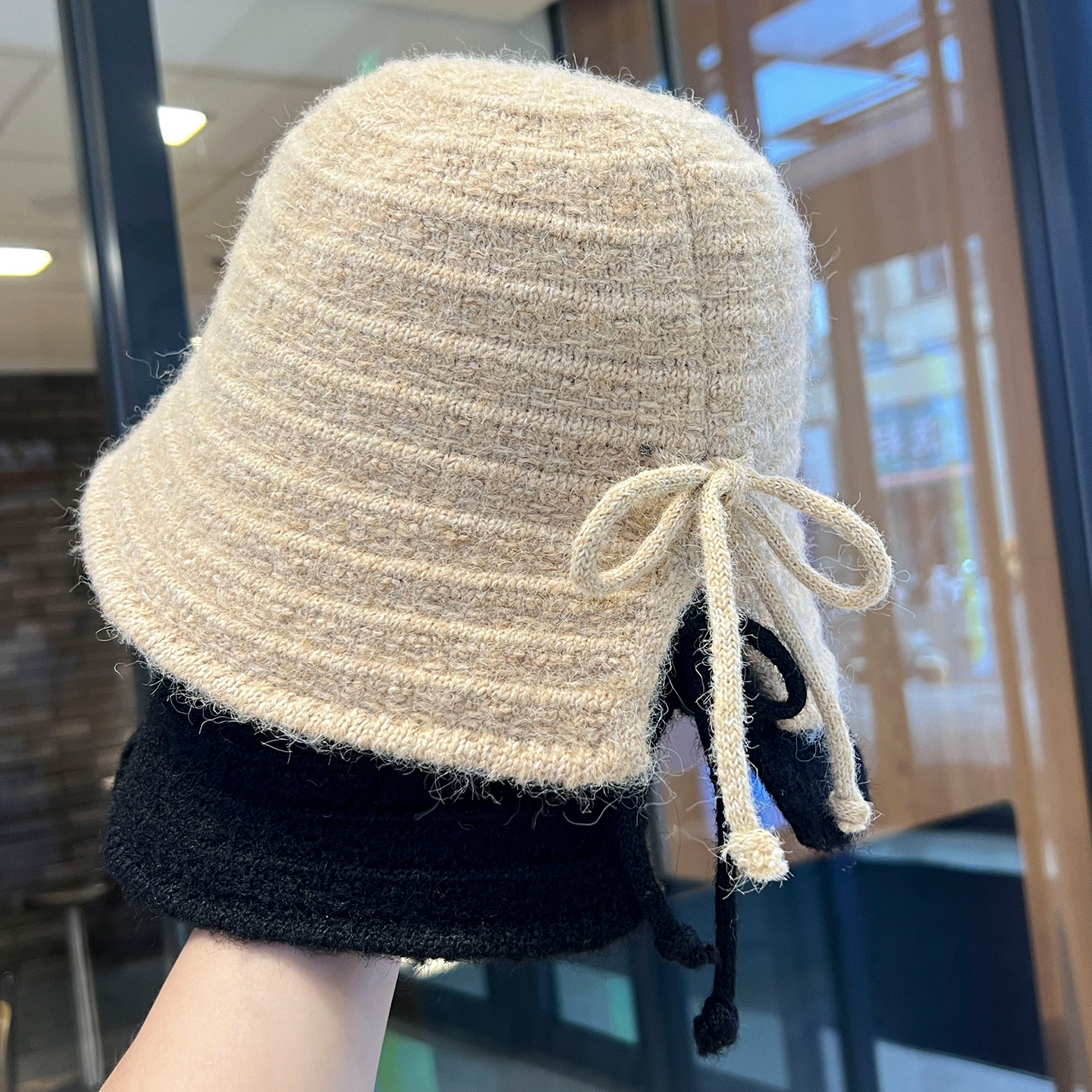 法式优雅蝴蝶结纯色针织渔夫帽