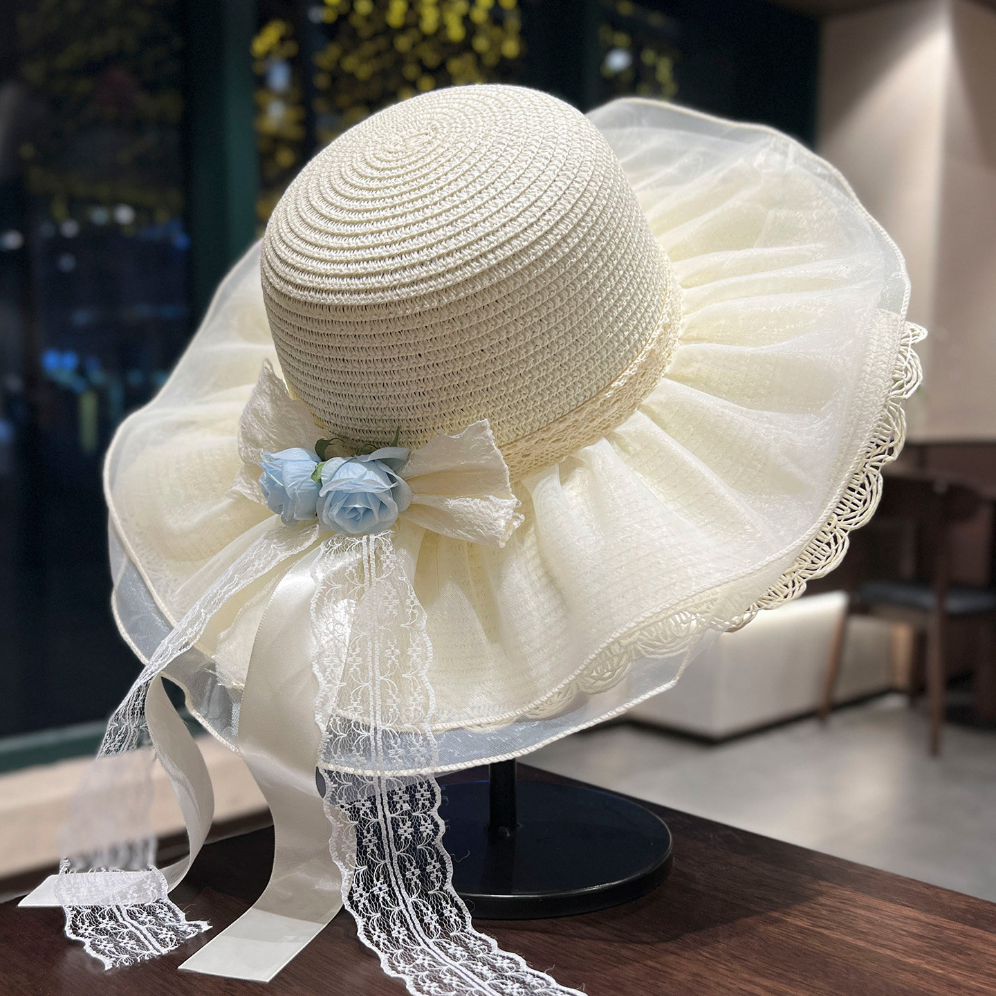 夏日飘带花朵防晒草帽女海边度假