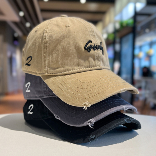 美式 复古棒球帽女大头围做旧破洞鸭舌帽宽檐显脸小软顶遮阳帽子男