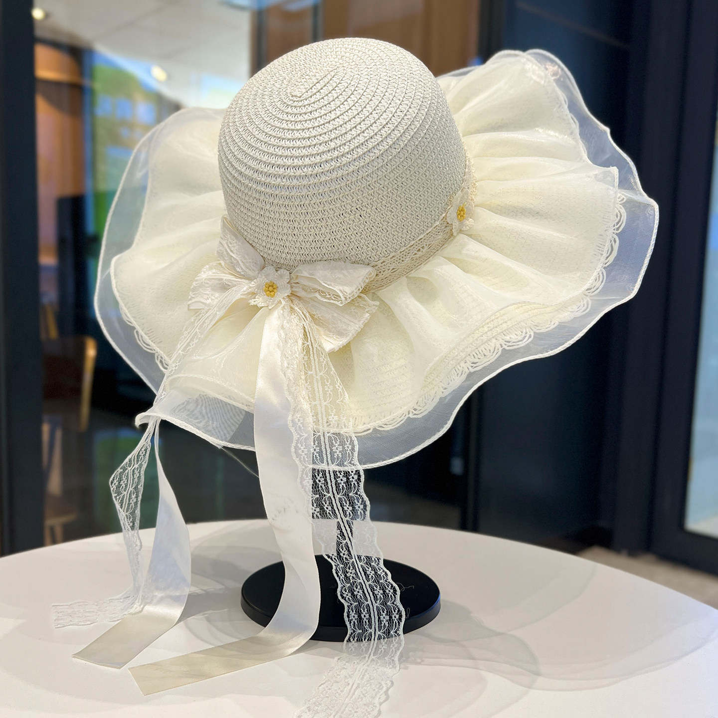 法式蕾丝蝴蝶结草帽女夏海边沙滩波浪边大帽檐太阳帽遮阳防晒帽子