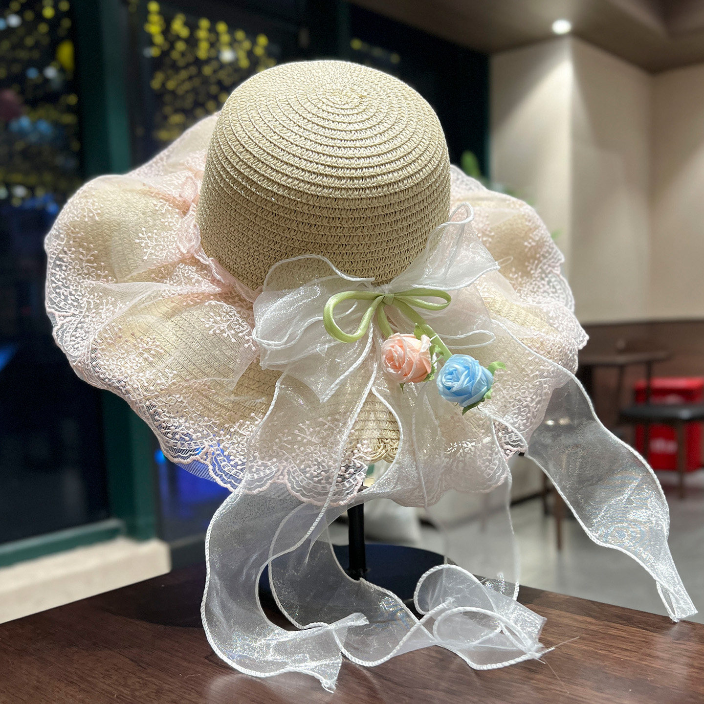 夏日温柔甜美花朵蕾丝草帽女出游海边遮阳拍照可折叠防晒太阳帽子
