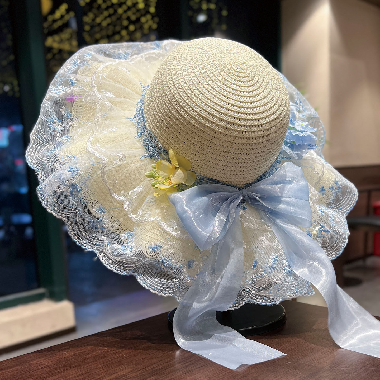 海盐蓝洛丽塔蕾丝花朵草帽女沙滩度假拍照婚礼防晒遮阳帽大檐帽子