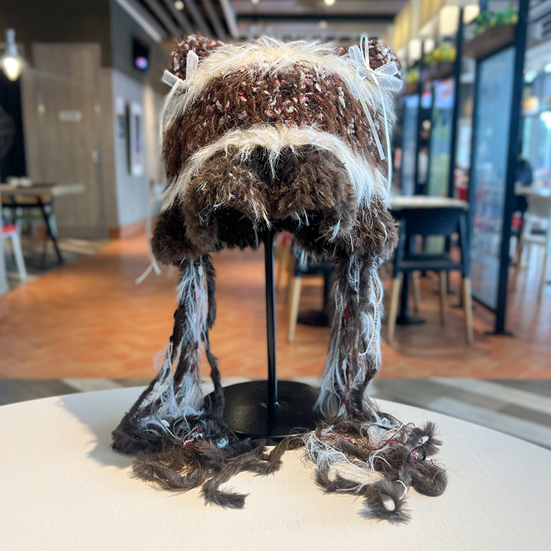 日系可爱猫耳朵毛绒帽子甜美条纹拼接针织帽蝴蝶结加厚花瓣护耳帽