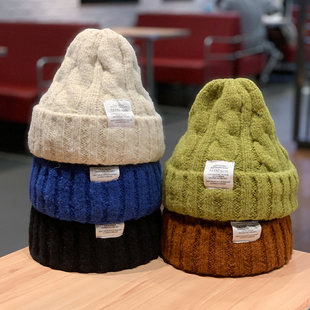 韩版ins麻花粗针织毛线帽女宽松大头围冬季绿色护耳保暖包头冷帽