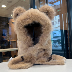 小熊毛毛绒帽子围巾一体女款秋冬季东北骑车冬天围脖保暖2025新款