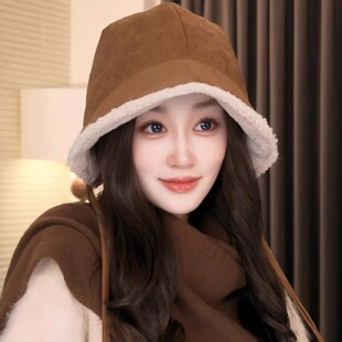 韩国麂皮绒双面戴渔夫帽子女冬季加厚保暖大头围护耳帽复古盆帽潮