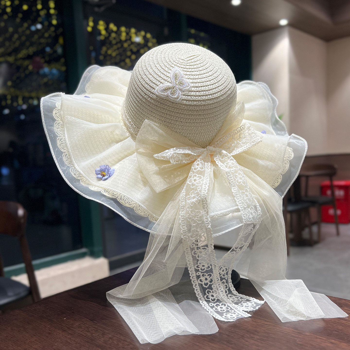 蕾丝飘带蝴蝶结草帽女夏季海边沙滩大帽檐遮阳防晒法式显脸小帽子