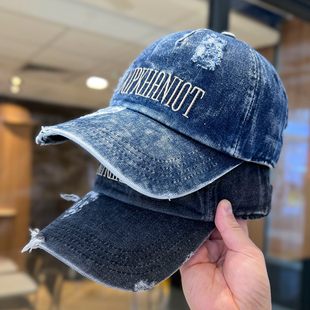 美式潮牌水洗做旧破洞棒球帽男大头围百搭显脸小宽帽檐牛仔鸭舌帽