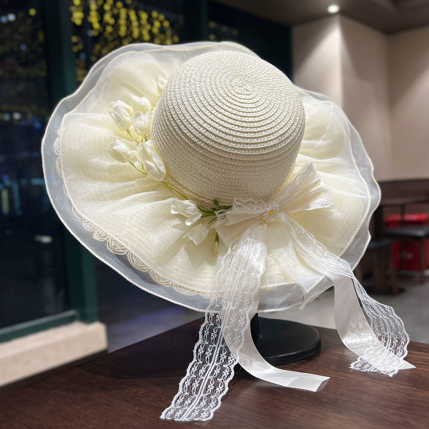 春夏复古奶白草编蝴蝶结遮阳帽