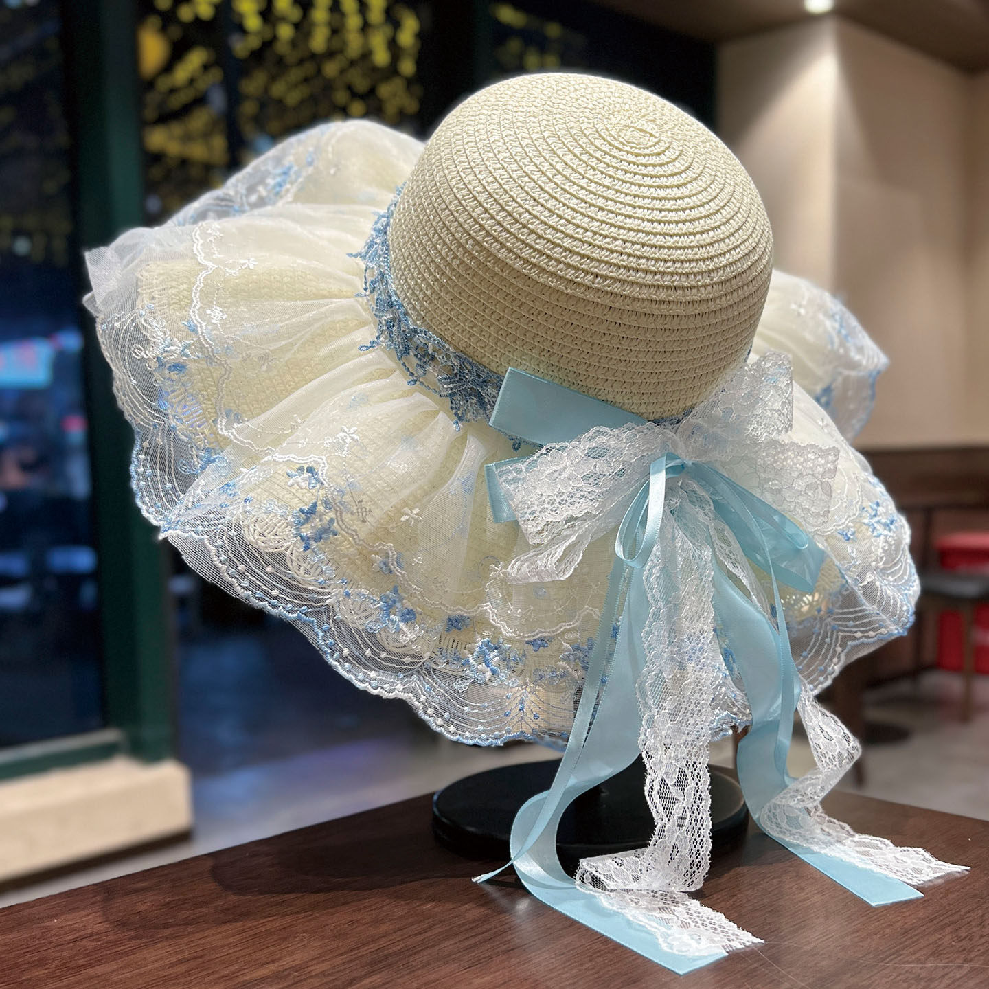 法式蓝色蕾丝草帽海边度假大檐遮阳女夏显脸小拍照氛围感沙滩帽子