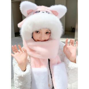 可爱小浣熊毛绒帽子女秋冬季加厚保暖防寒围巾一体护耳围脖手套潮