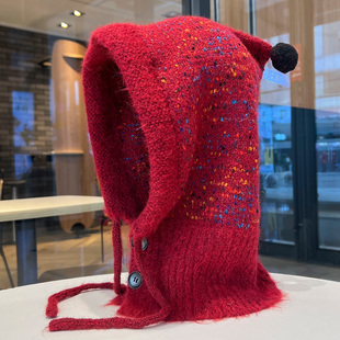 巴拉克拉法帽子红色针织帽女秋冬季保暖大头围巾显脸小一体包头帽