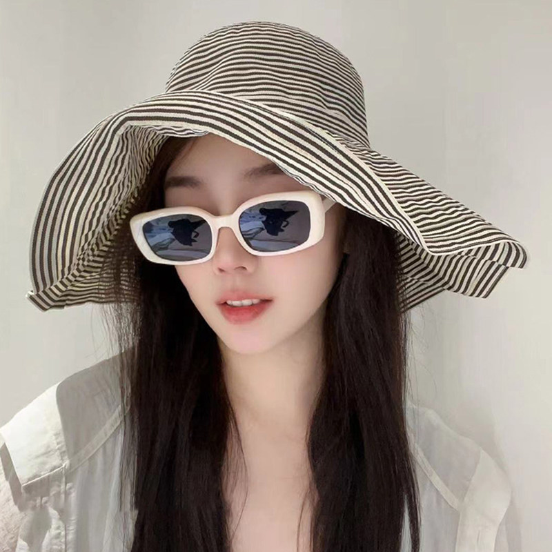 韩国东大门条纹渔夫帽女夏季大檐防紫外线遮阳帽户外出游太阳帽子