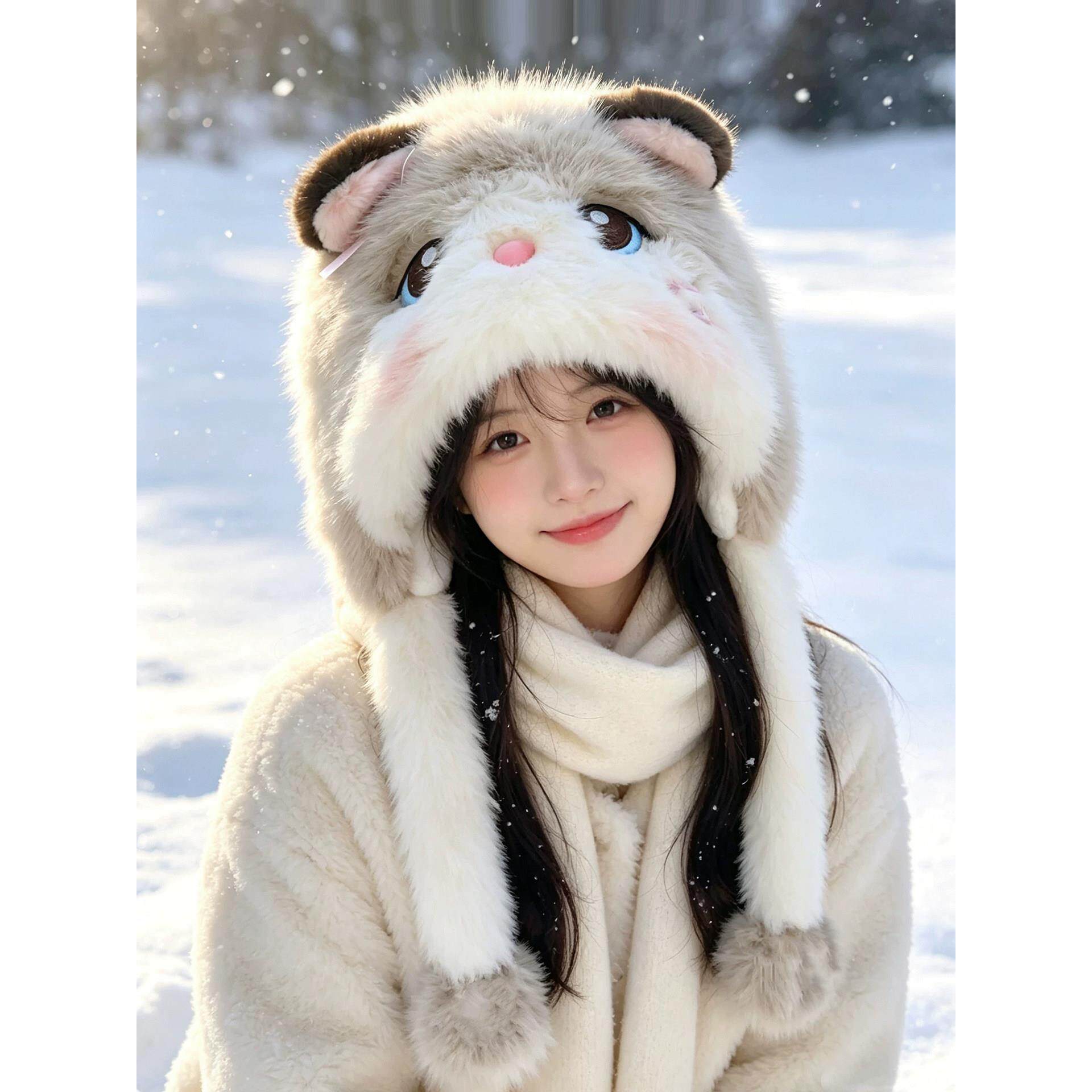 加厚保暖猫耳会动雷锋帽女款