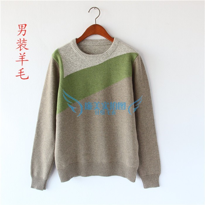 秋冬圆领拼色加厚毛衣男装宽松休闲潮欧美风厚实保暖羊毛衫针织衫