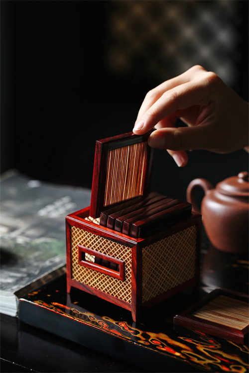 印度小叶紫檀明杯垫收纳架黄杨木榫卯架构制茶道雅器文玩木雕收藏