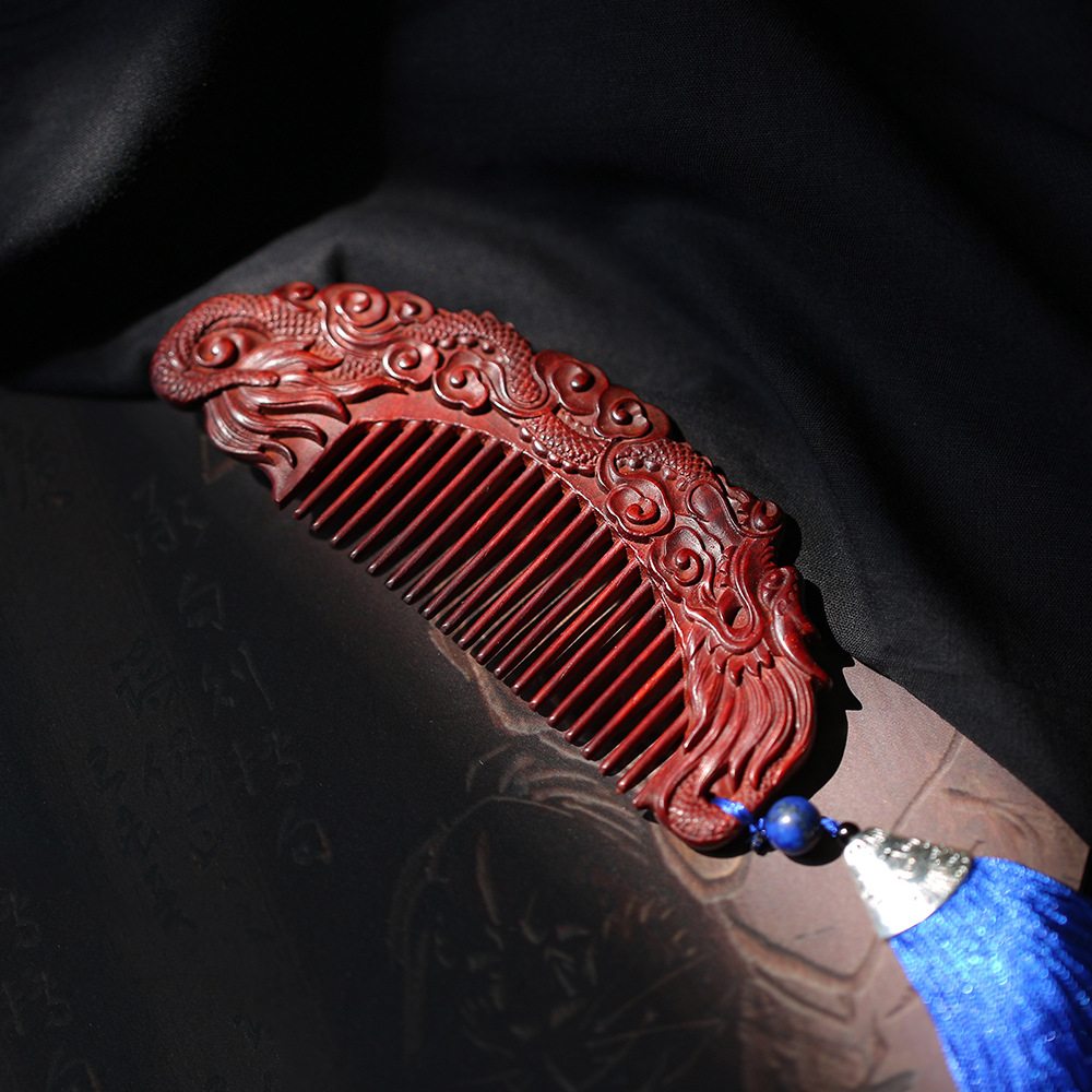 印度小叶紫檀祥龙木梳精雕手工艺木梳 防静电木质梳子文玩工艺品