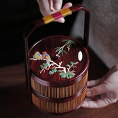 印度小叶紫檀竹影百宝嵌春雅图提篮带盖款 榫卯结构家居木雕用品